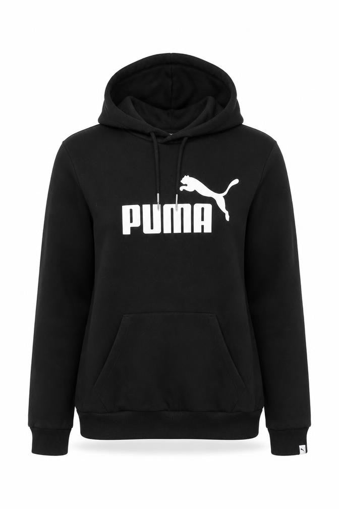 Front view of Puma women’s black, size UK 12, pullover hoodie with logo print