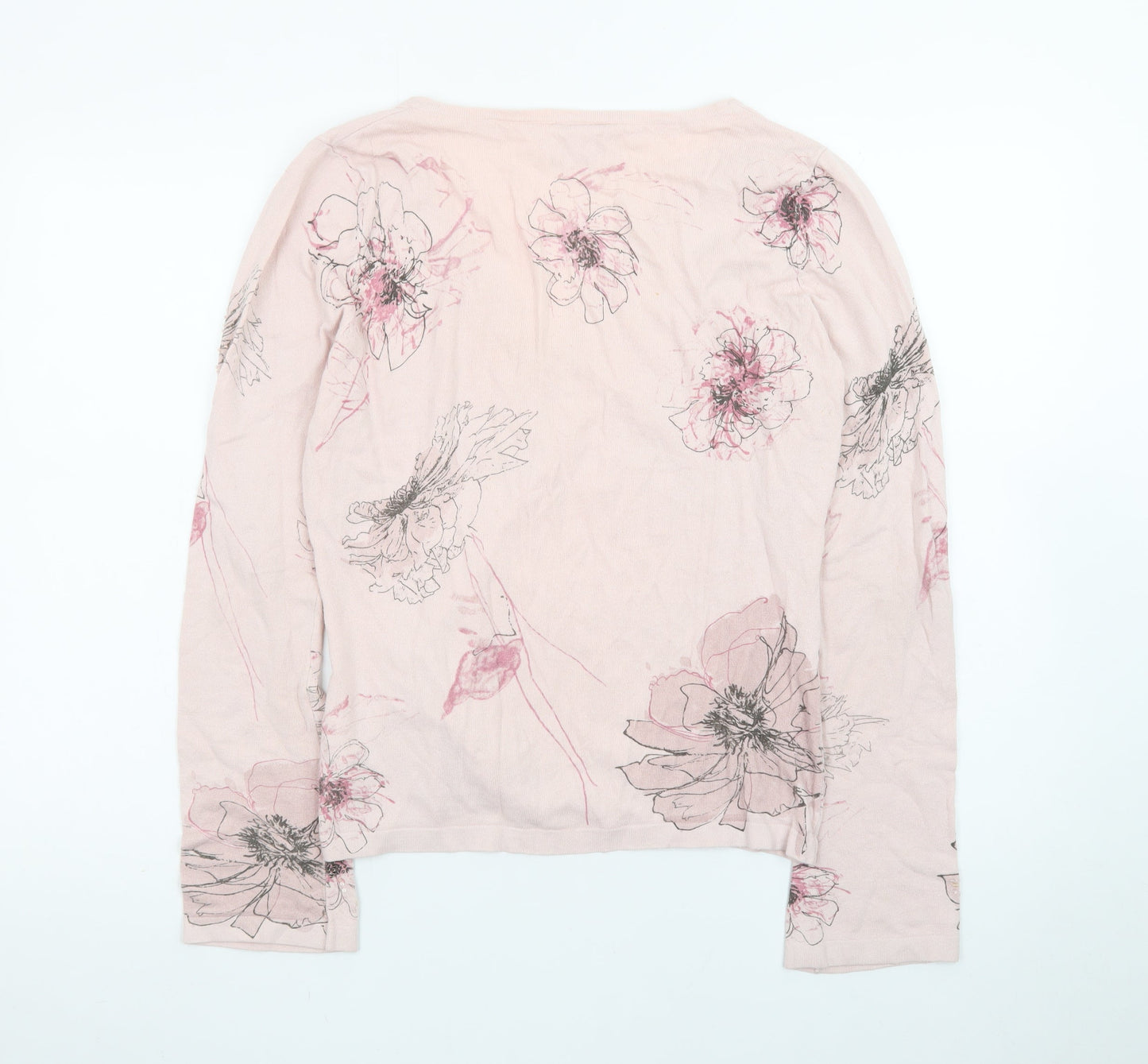 Next Women's Pink Floral V-Neck Long Sleeve Cotton T-Shirt UK 14