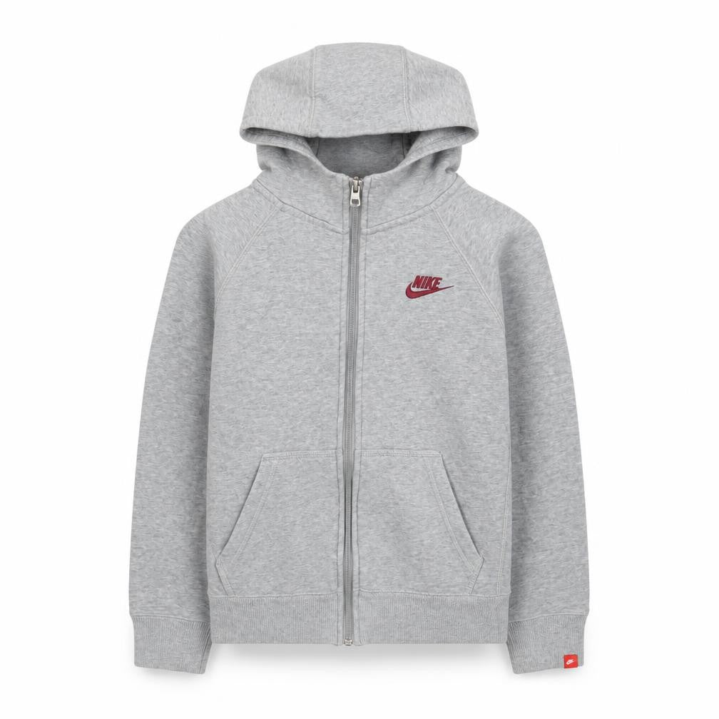 Front view of Nike boys’ grey full zip hoodie, size 10-12, years fleece jacket