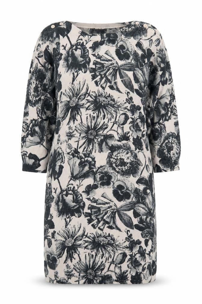 Next Women Beige Floral Knit Jumper Dress Size 8 3/4 Sleeve