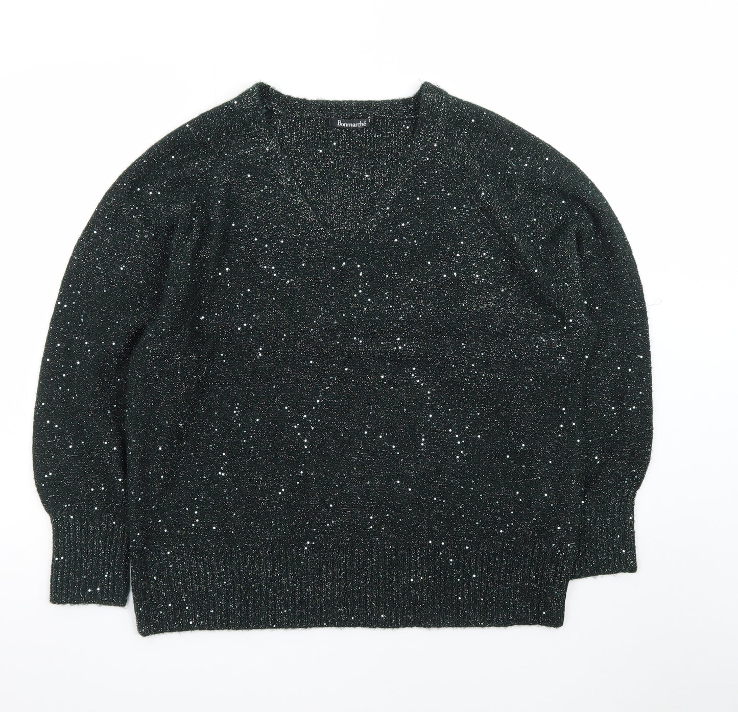 Bonmarché Women Black Glitter V-Neck Long Sleeve Pullover Jumper Size 18