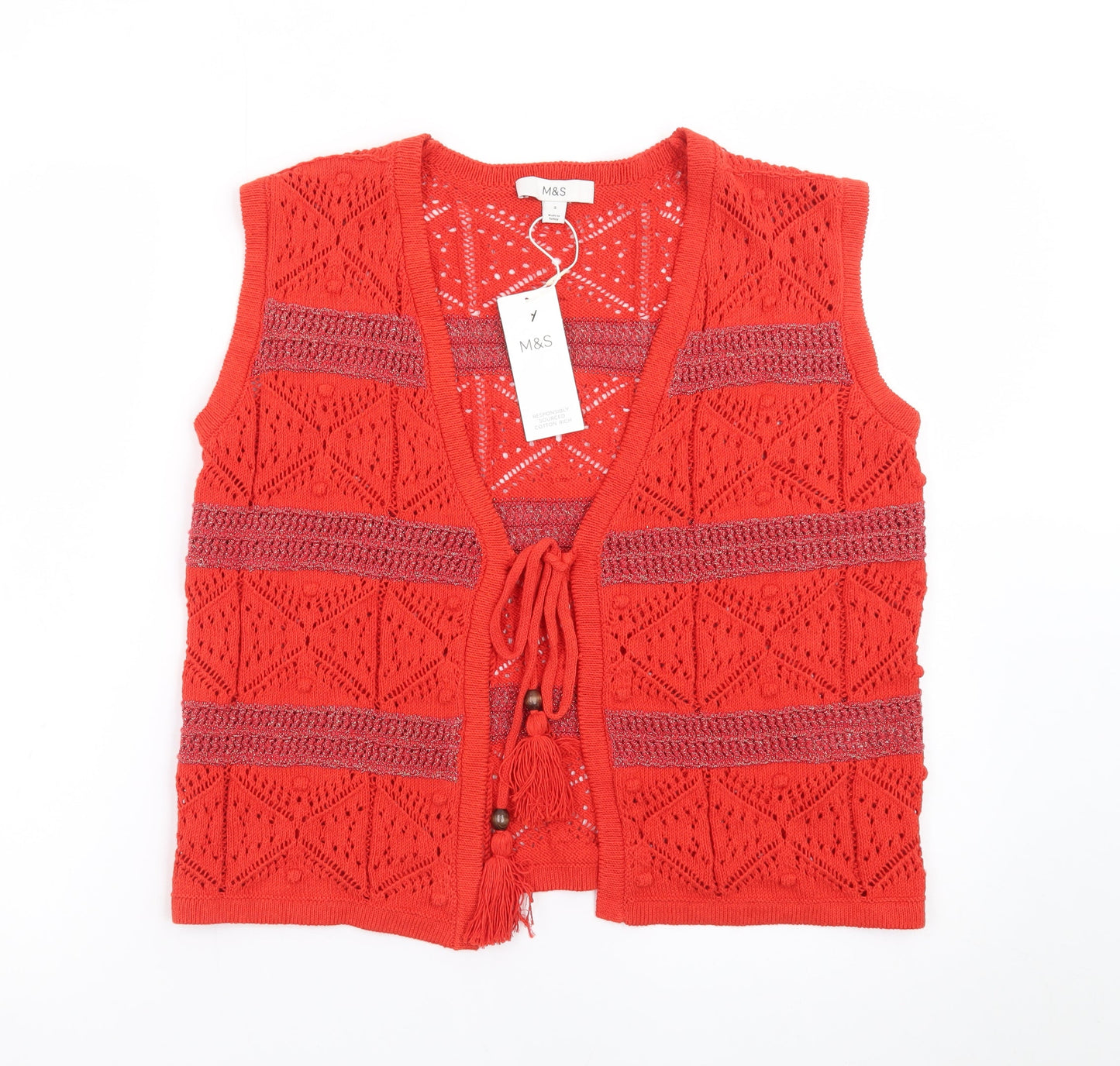 Marks and Spencer Women’s Red Crochet Knit Tassel Tie Vest S