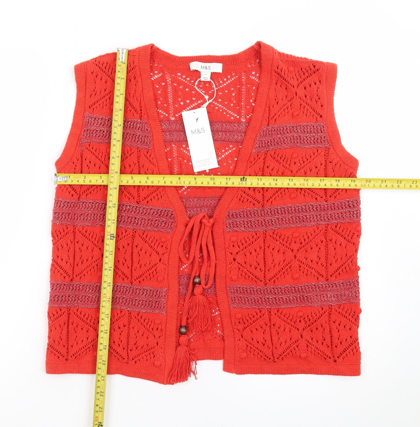 Marks and Spencer Women’s Red Crochet Knit Tassel Tie Vest S