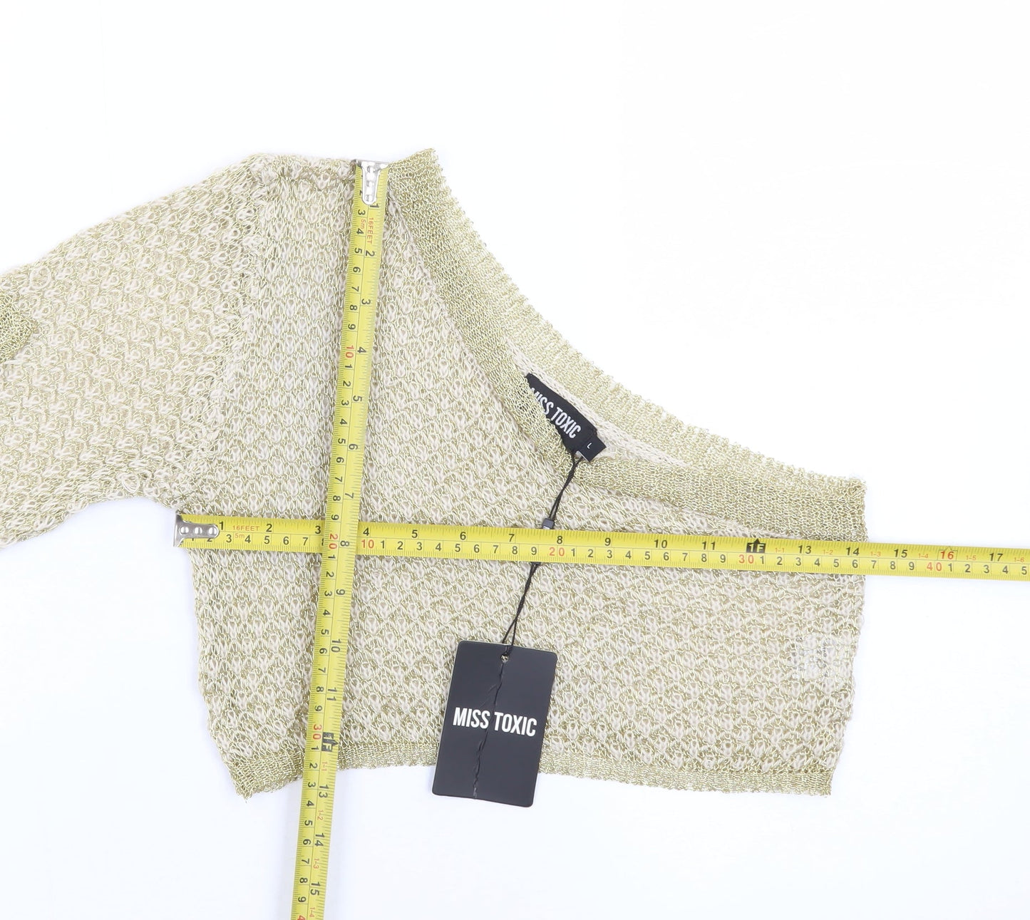 Miss Toxic Women’s Gold One Shoulder Cropped Knit Long Sleeve Top Size L
