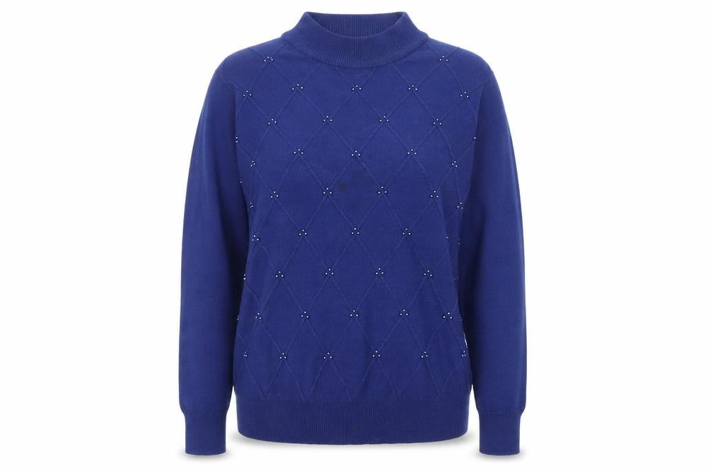 Front view of Honor Millburn Women's Blue Mock Neck Beaded Jumper, size 14-16