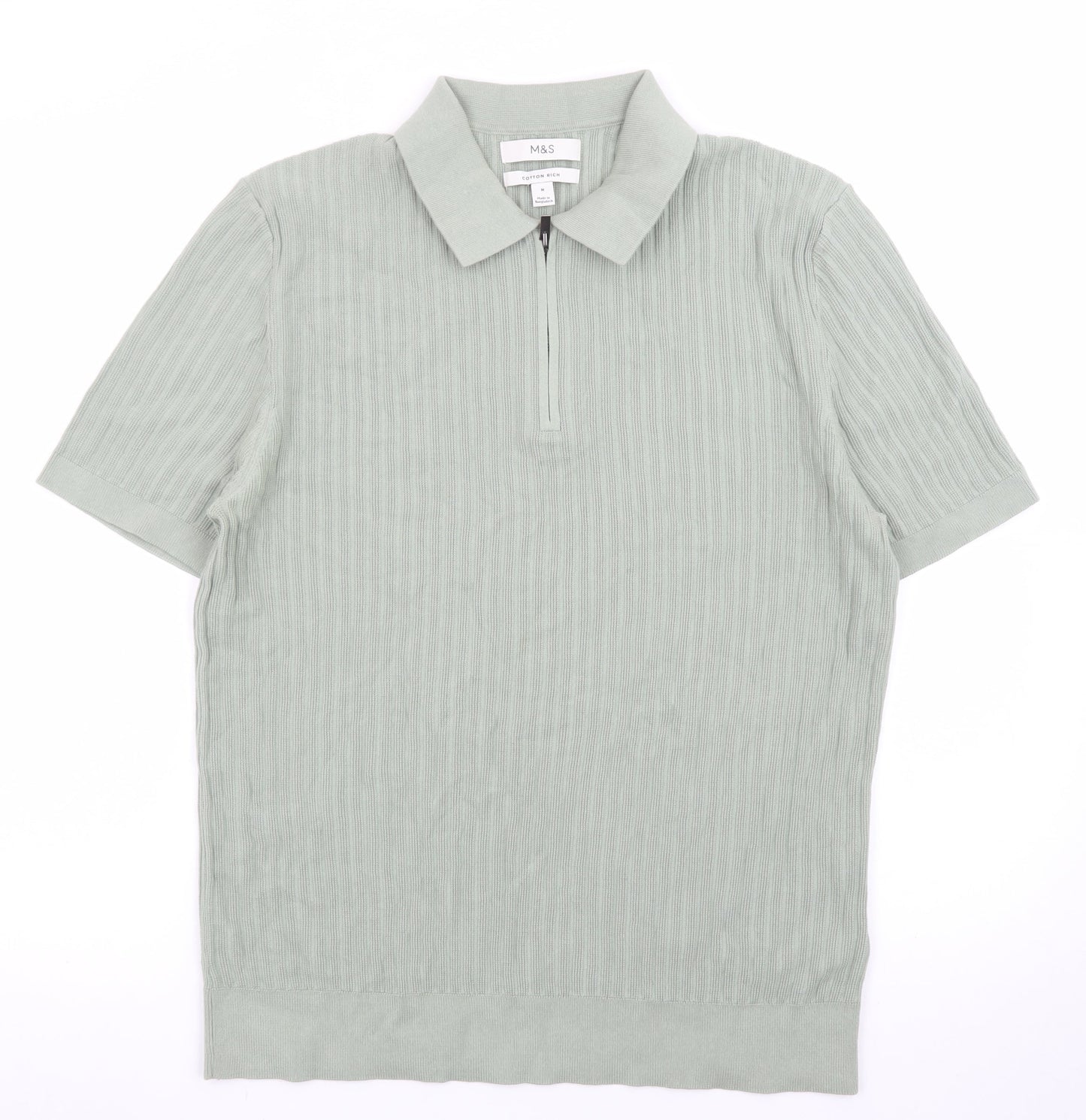 Marks and Spencer Men's Green Cotton Polo Shirt M Zip Neck