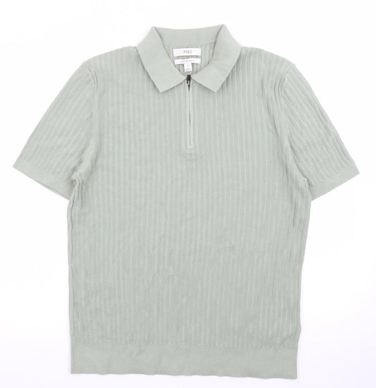 Marks and Spencer Men's Green Cotton Polo Shirt M Zip Neck