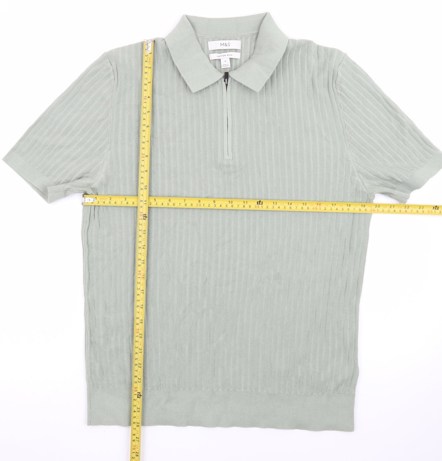 Marks and Spencer Men's Green Cotton Polo Shirt M Zip Neck