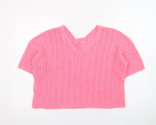 Next Women's Pink V-Neck Short Sleeve Acrylic Knit Jumper Size M