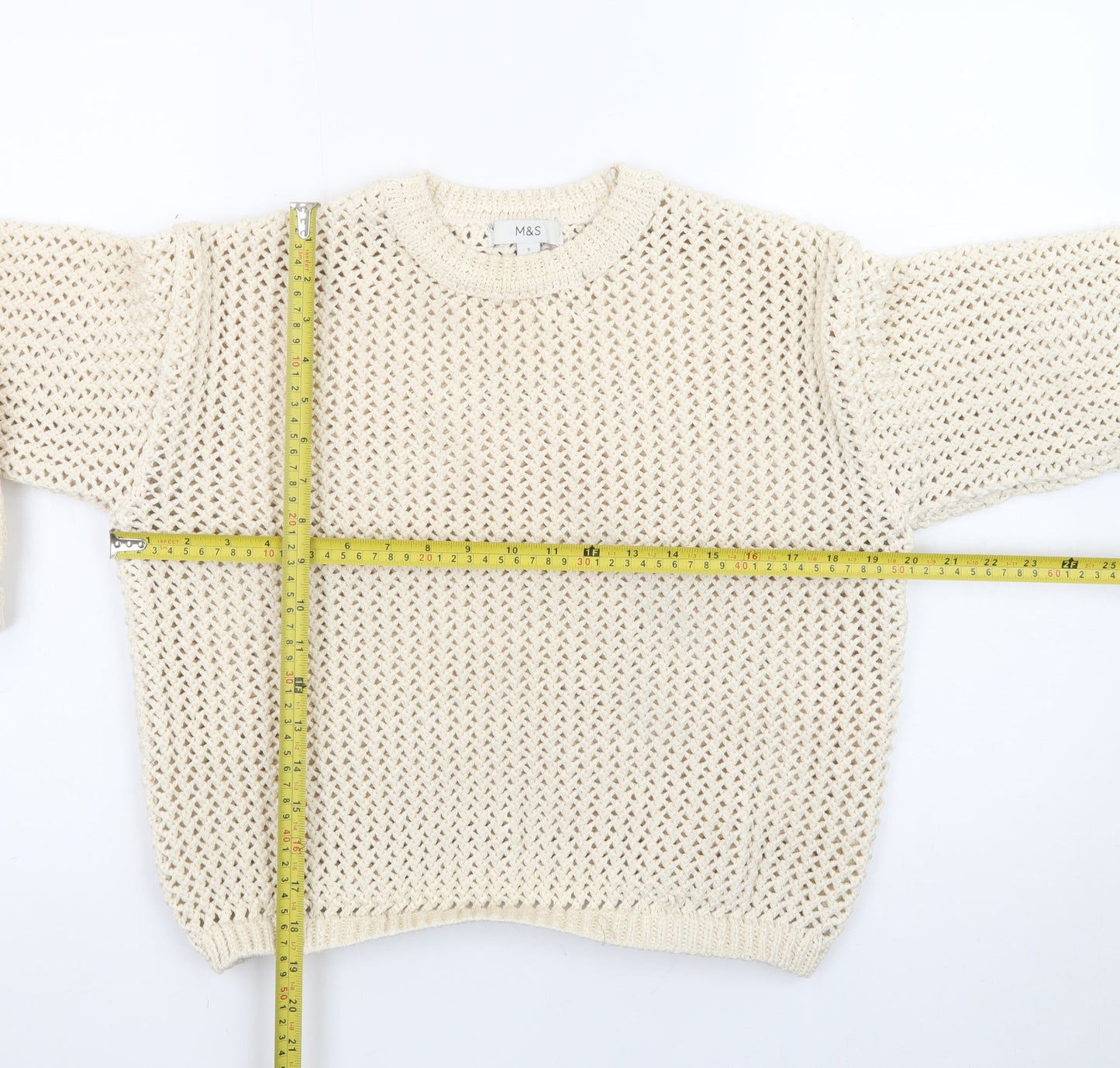 Marks and Spencer Women Beige Open Knit Cotton Jumper Size S
