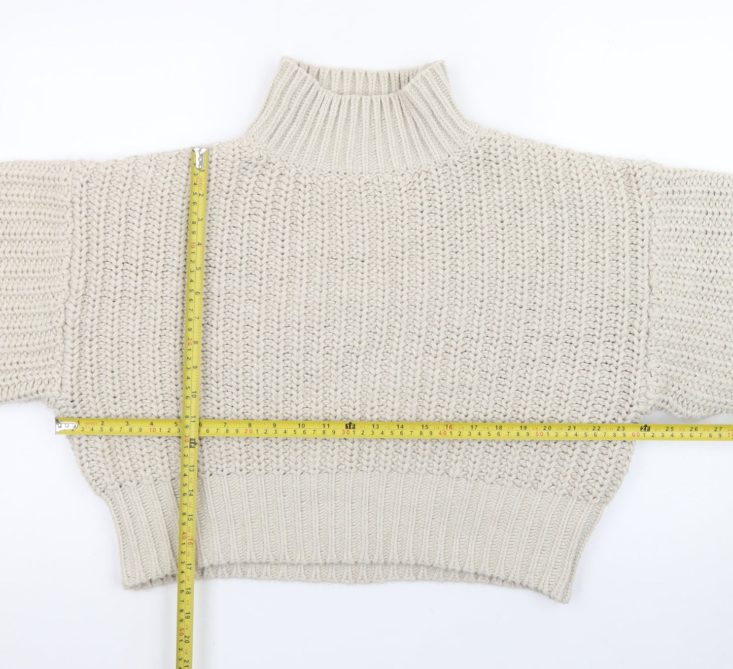 H&M Women’s Beige Chunky Knit Roll Neck Jumper Size S