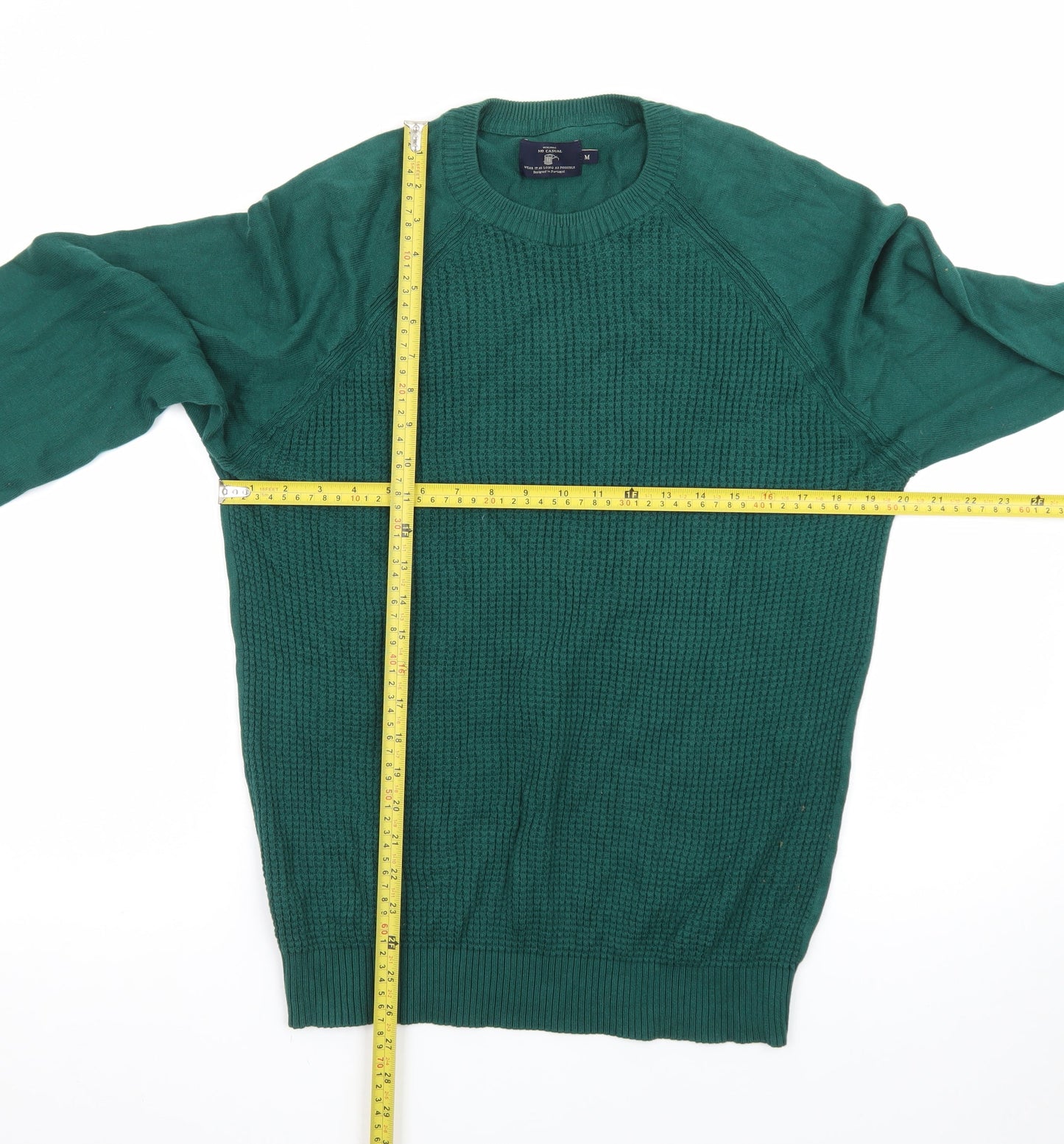 MO Casual Men's Green Waffle-Knit Cotton Pullover Jumper Size M