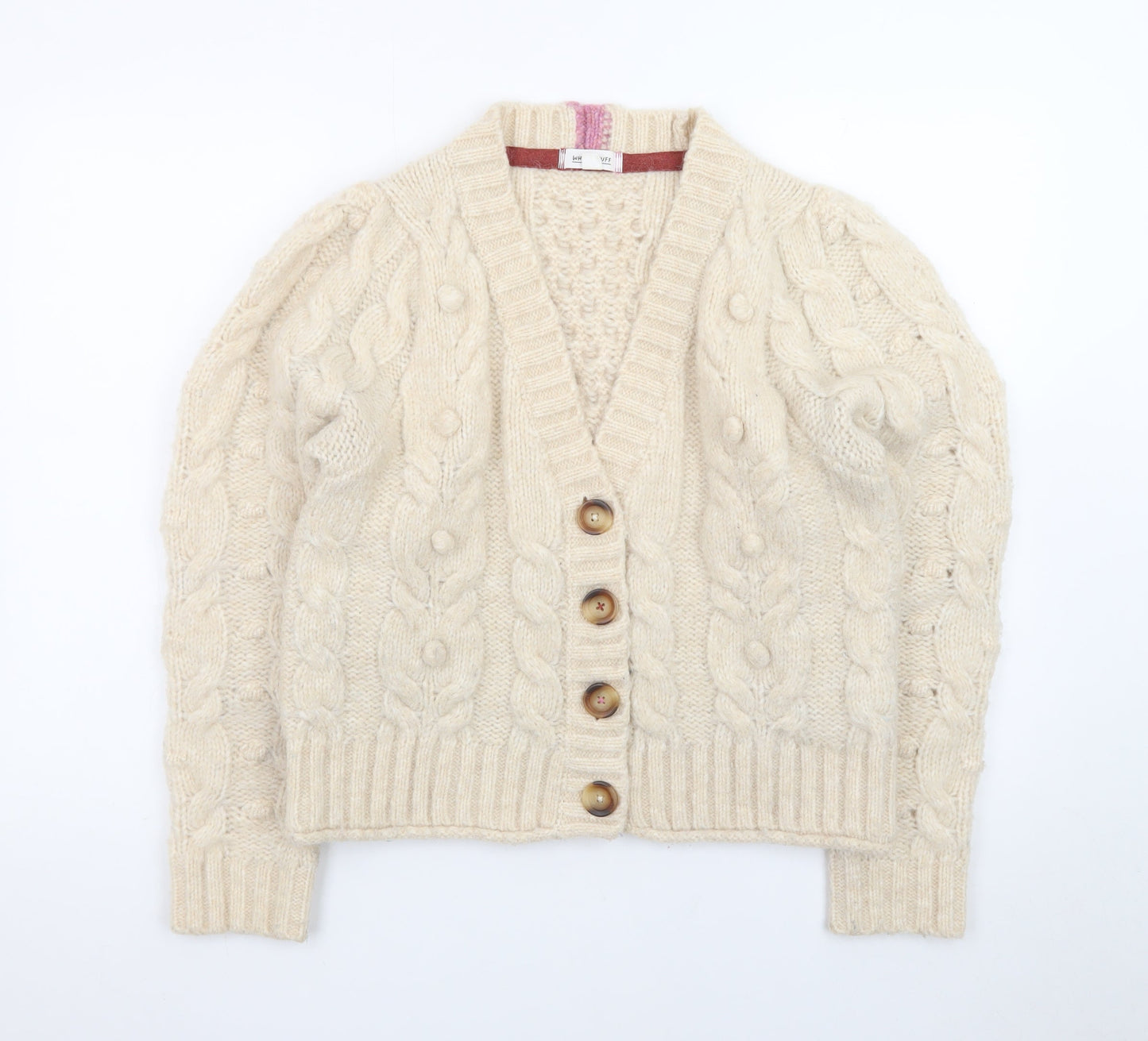 White Stuff Women Beige Cable Knit Cardigan UK 12 Wool Blend