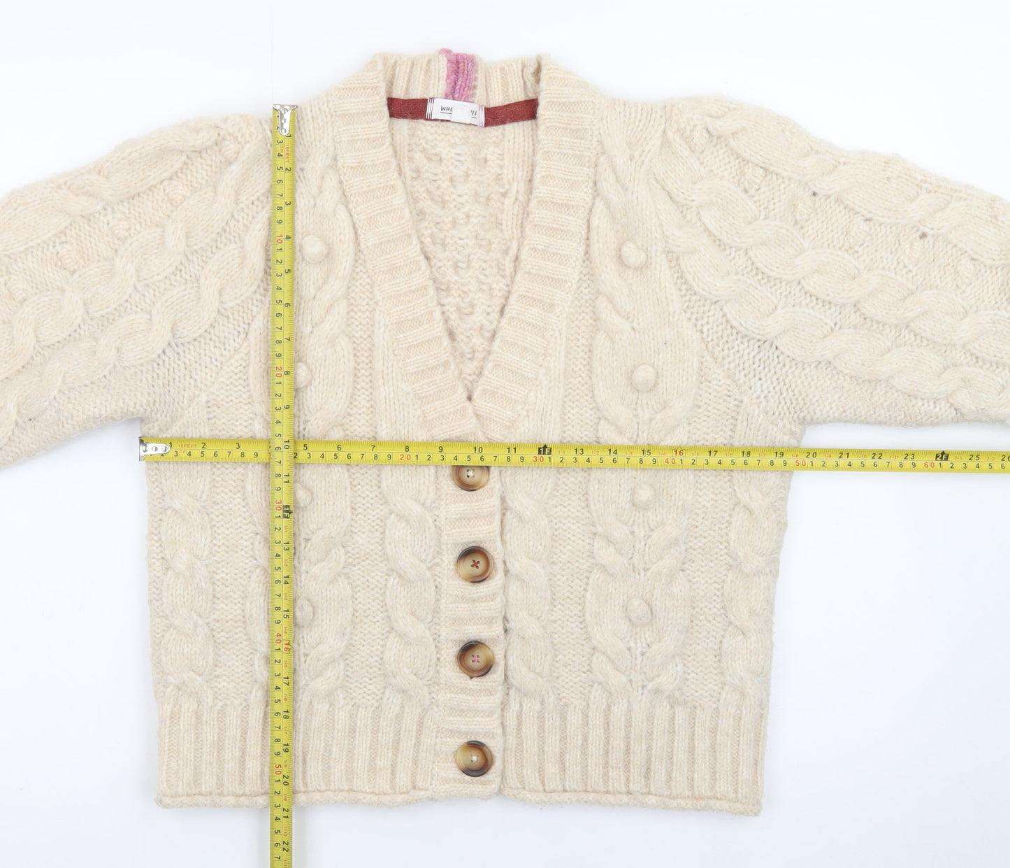White Stuff Women Beige Cable Knit Cardigan UK 12 Wool Blend