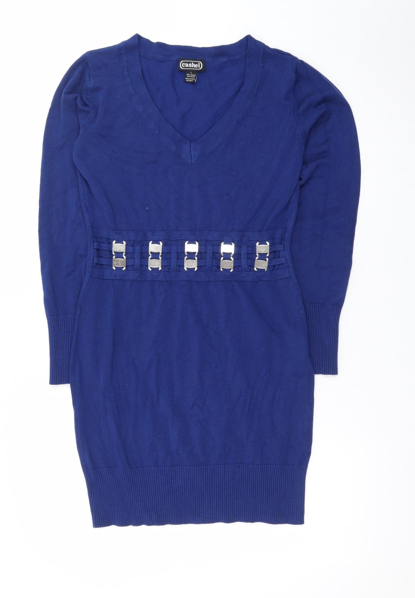 Cashel Women's Blue Knit Jumper Dress L with Buckle Detail