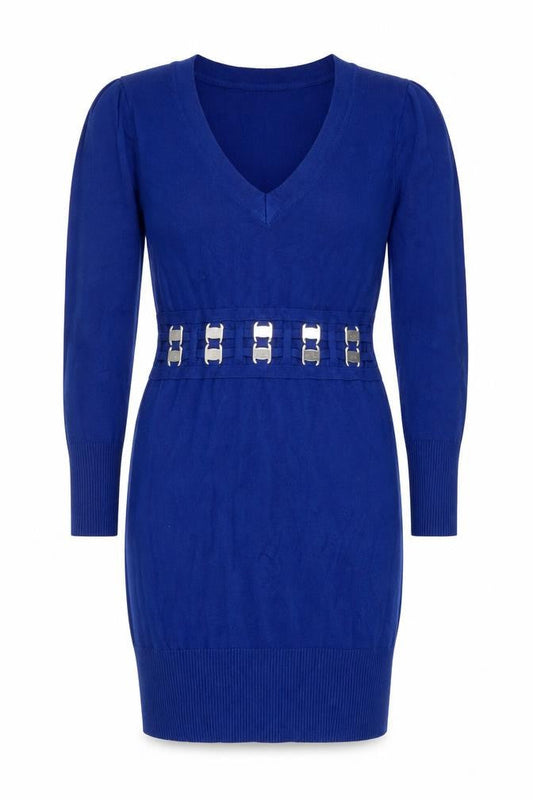 Cashel Women's Blue Knit Jumper Dress L with Buckle Detail
