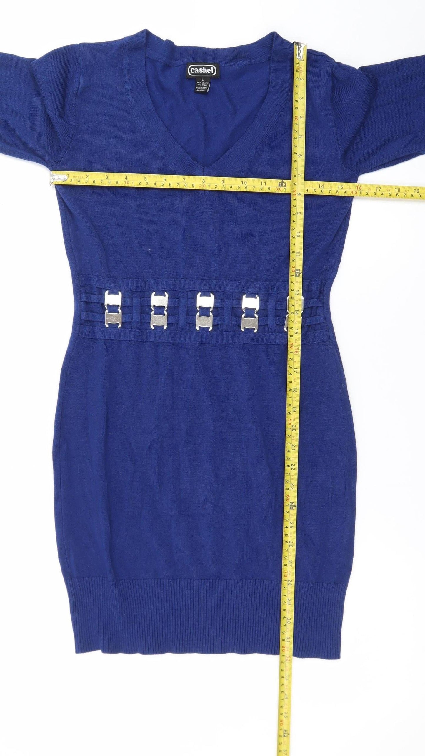 Cashel Women's Blue Knit Jumper Dress L with Buckle Detail