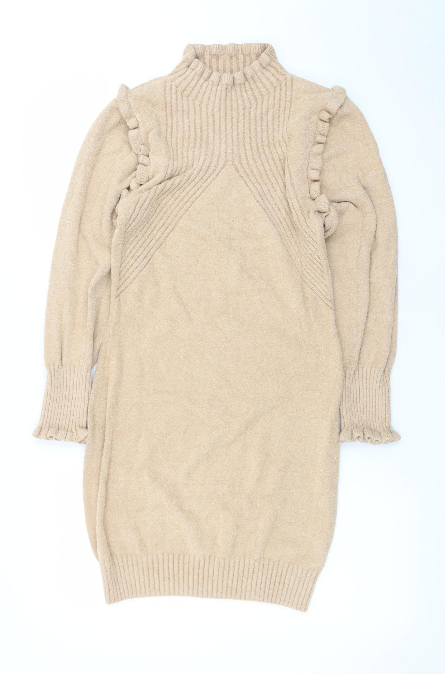 Cashel Women Beige Knit High Neck Ruffle Long Sleeve Sweater Dress L