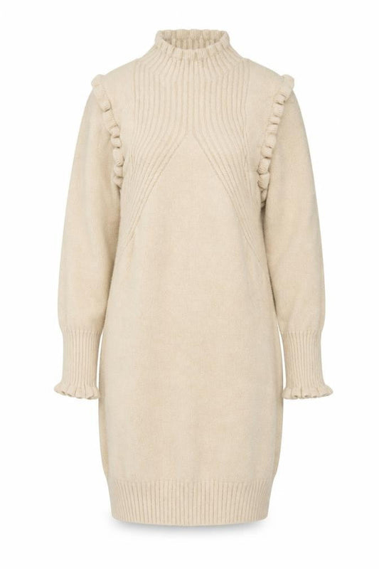 Cashel Women Beige Knit High Neck Ruffle Long Sleeve Sweater Dress L