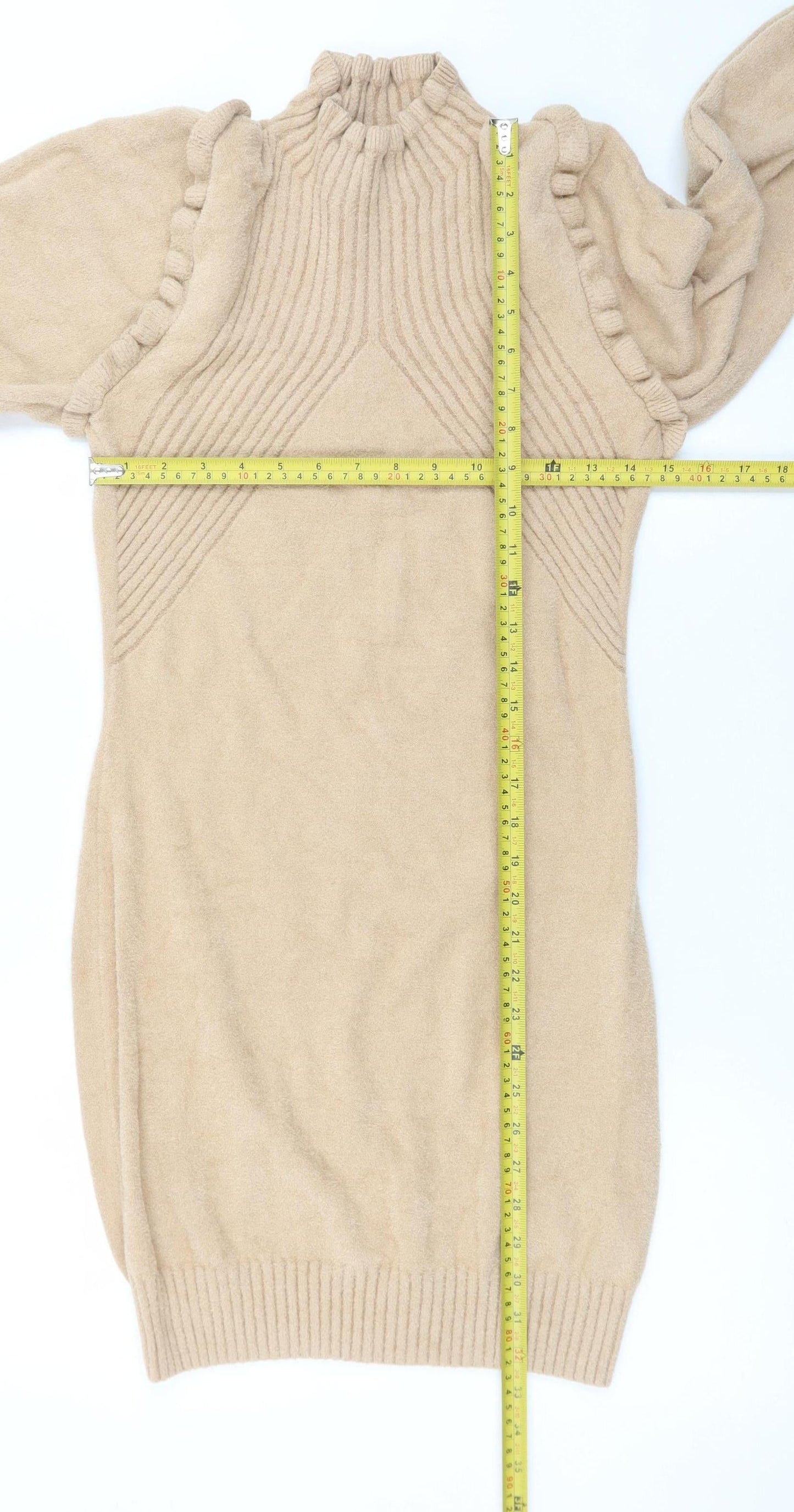 Cashel Women Beige Knit High Neck Ruffle Long Sleeve Sweater Dress L