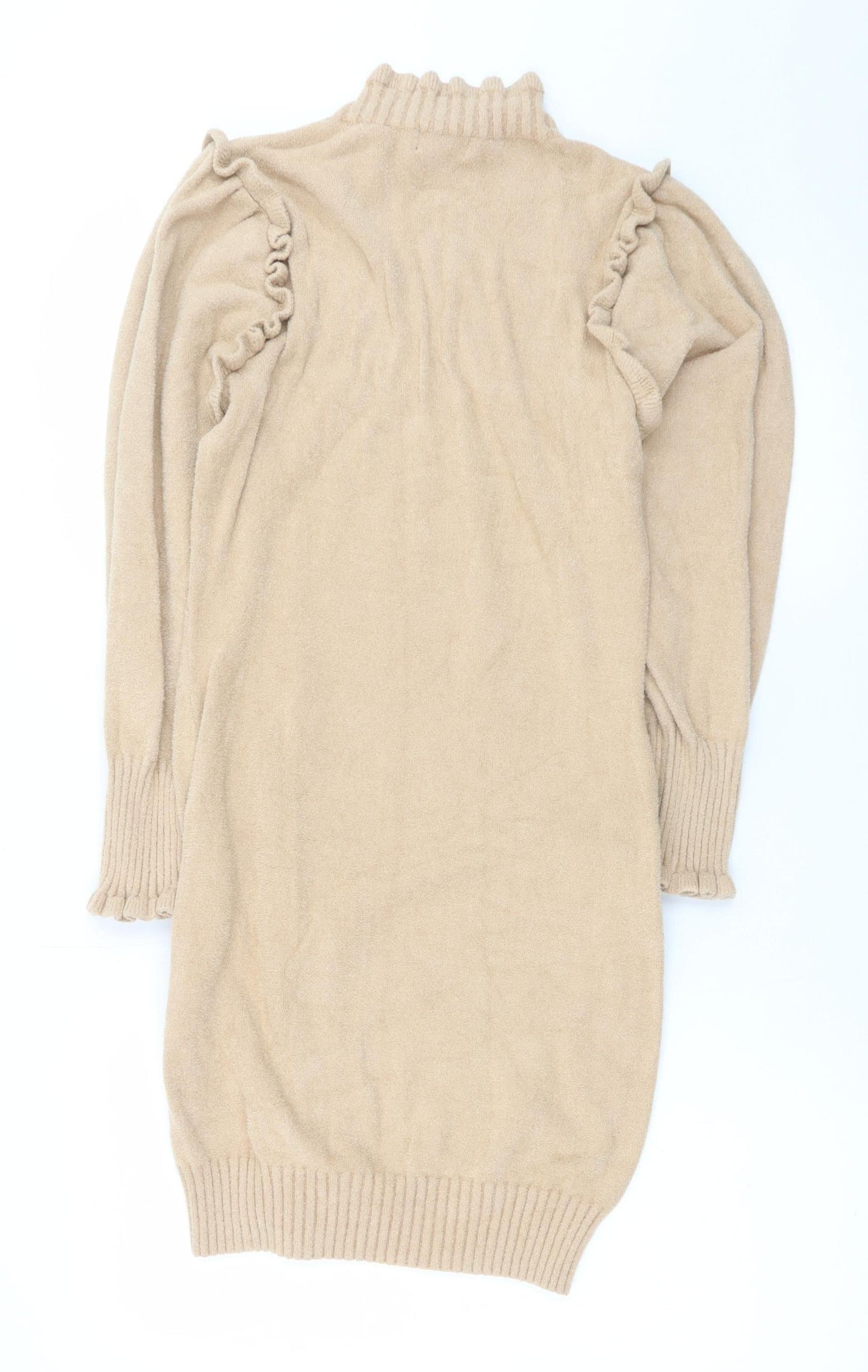 Cashel Women Beige Knit High Neck Ruffle Long Sleeve Sweater Dress L