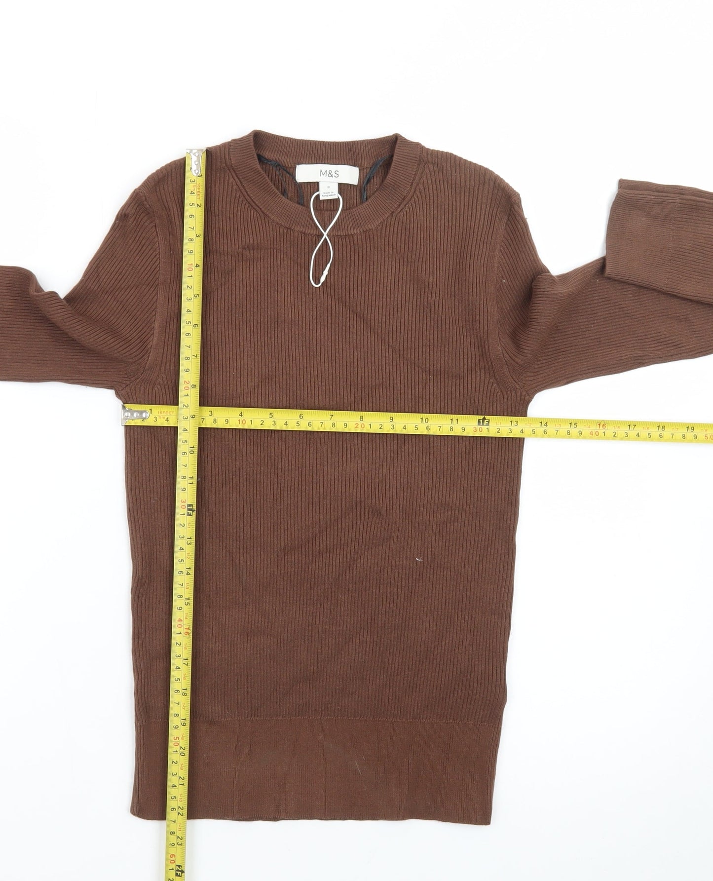 Marks and Spencer Women Brown Size 8 Crew Neck Rib-Knit Jumper