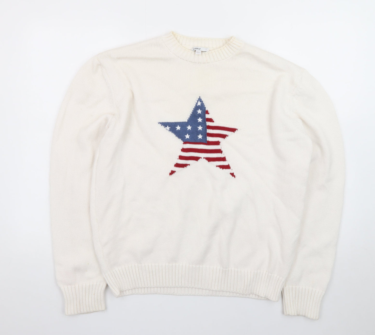 Subdued Women White Crew Neck Star Patriotic Cotton Blend Jumper M