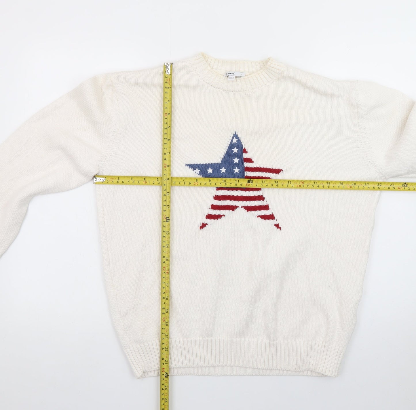 Subdued Women White Crew Neck Star Patriotic Cotton Blend Jumper M