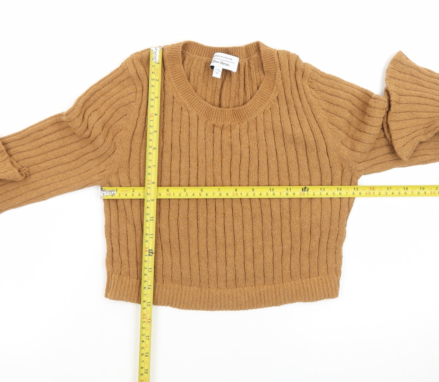 & Other Stories Women Beige Wool Ribbed Jumper Size 12 Flared Sleeve