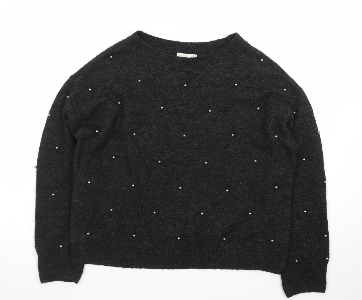 H&M Women's Black Beaded Crew Neck Knit Jumper Size S