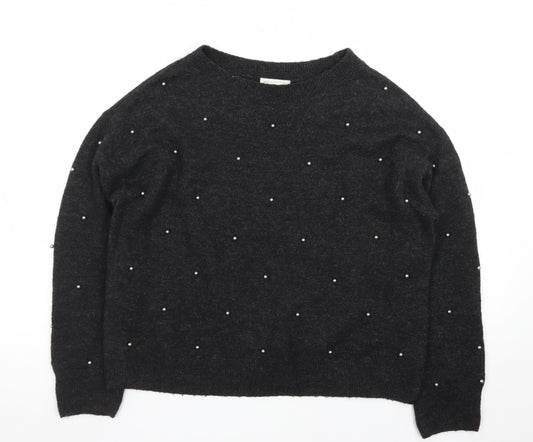 H&M Women's Black Beaded Crew Neck Knit Jumper Size S