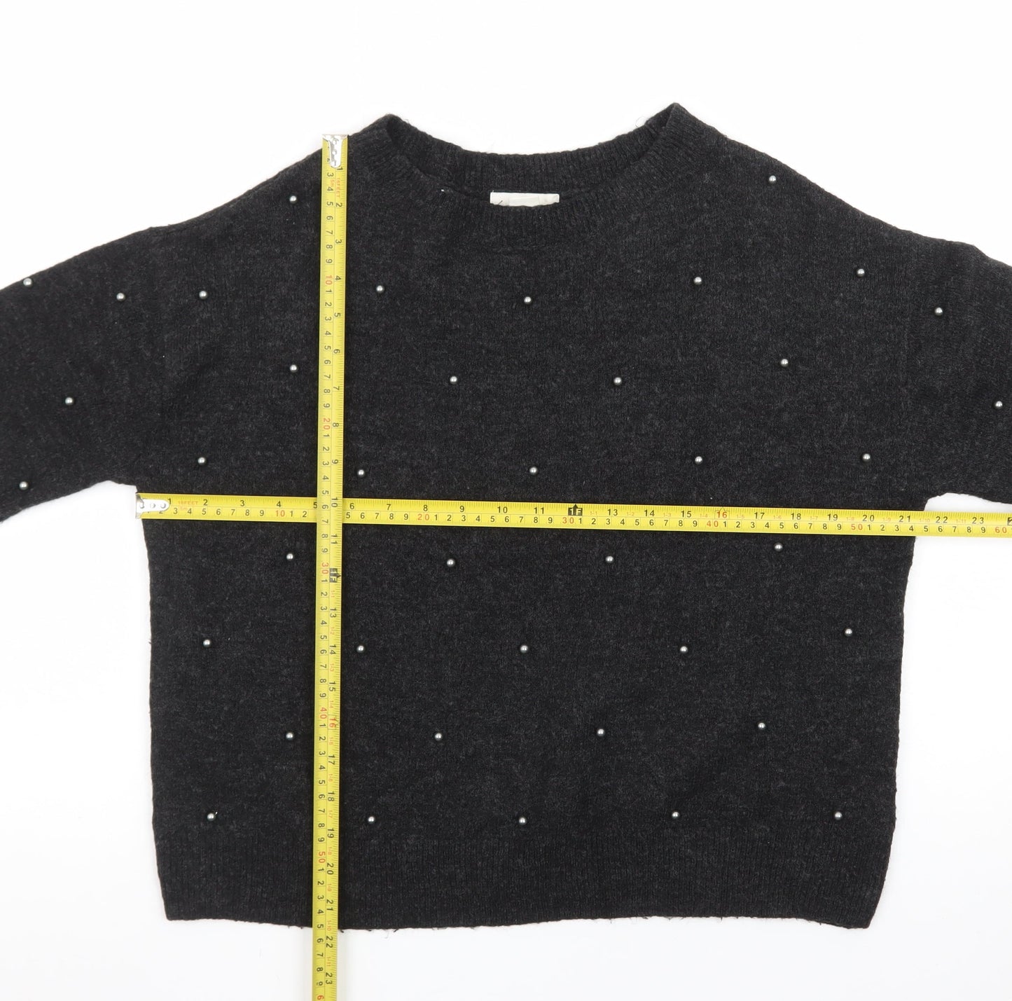 H&M Women's Black Beaded Crew Neck Knit Jumper Size S