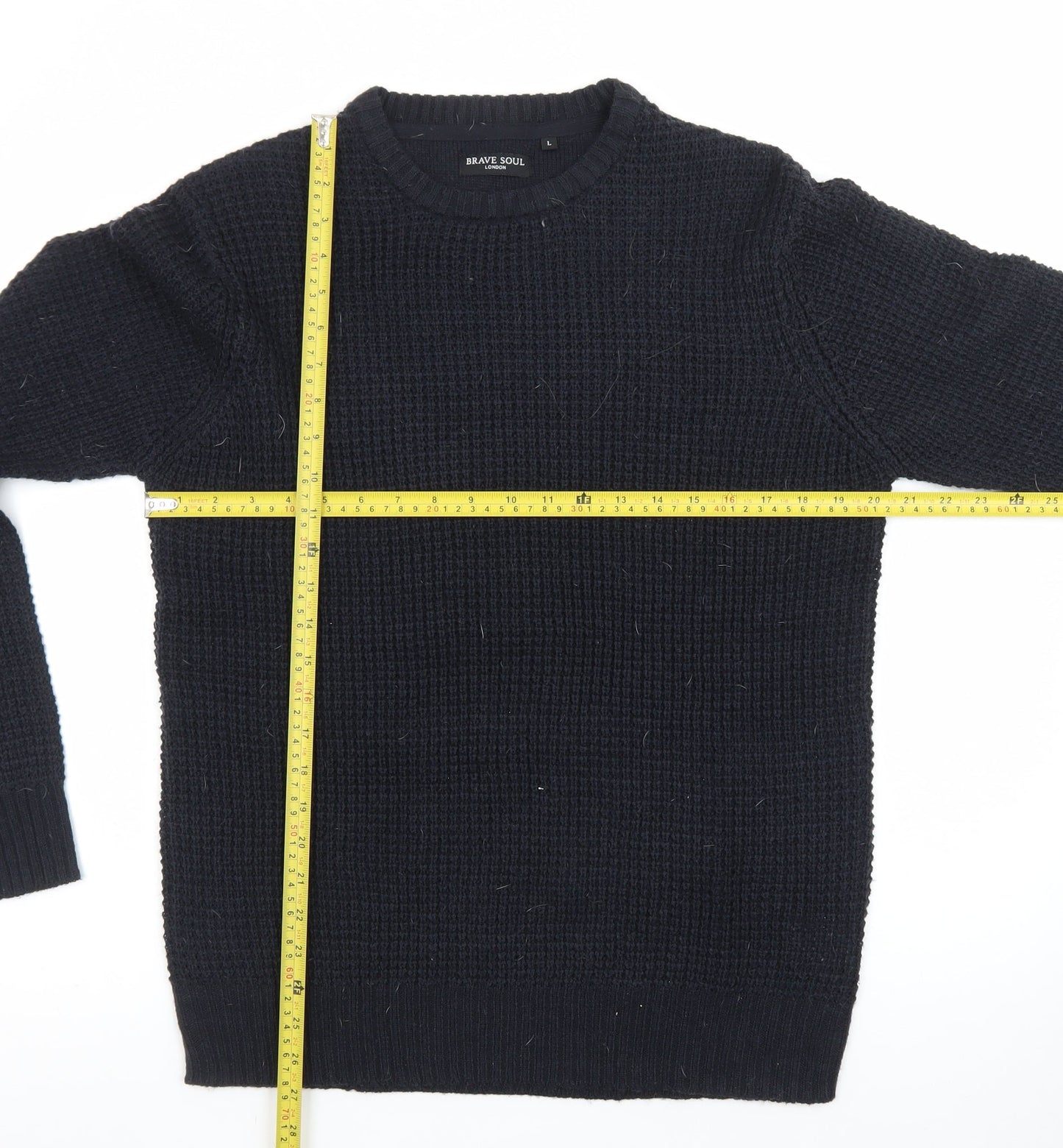 Brave Soul Men's Black Waffle Knit Crew Neck Jumper Size L