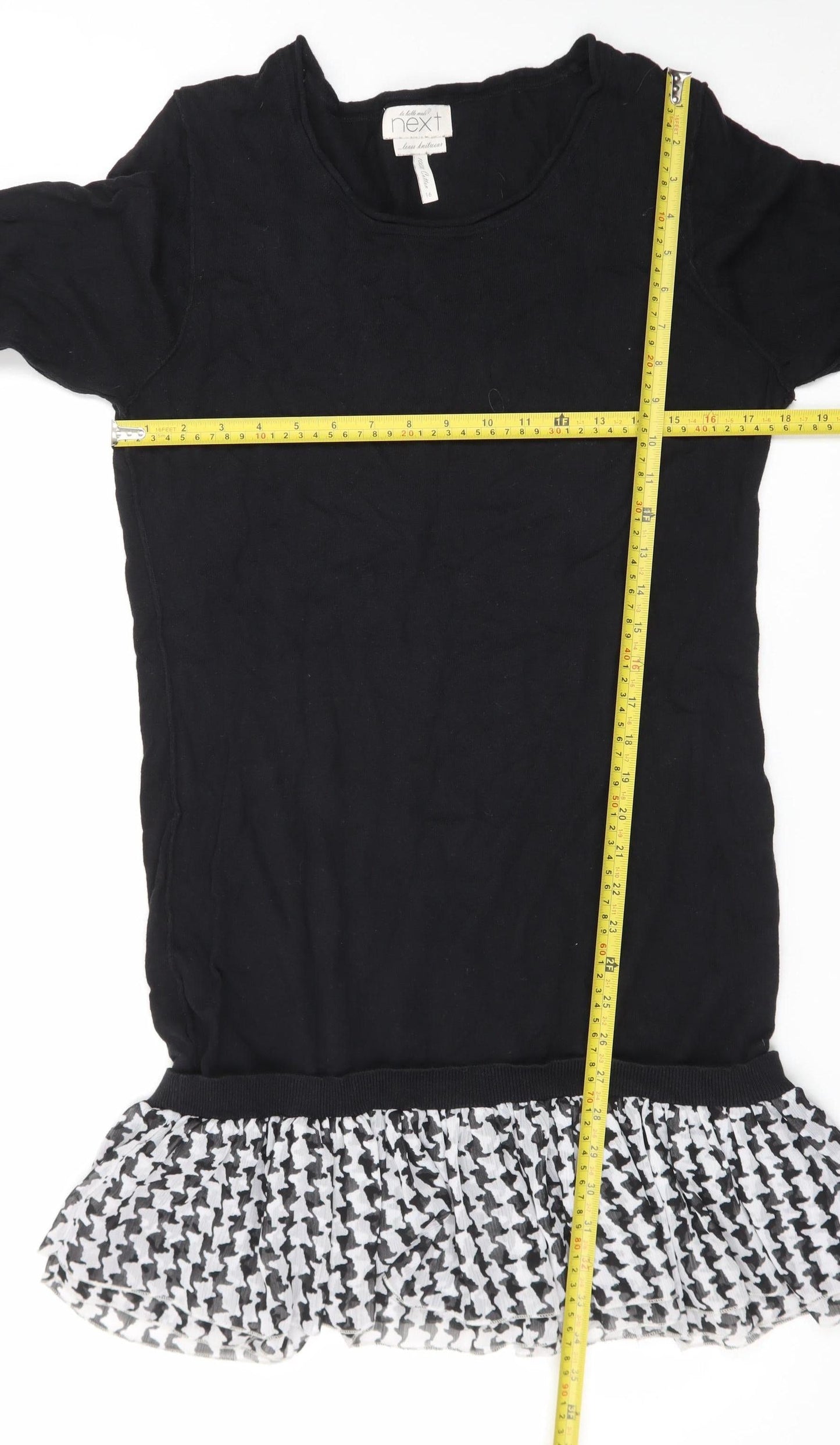 Next Women Black Houndstooth Ruffle Hem Jumper Dress Size 16