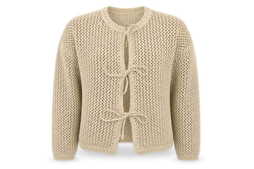 Marks & Spencer Women Beige Open-Knit Cotton Tie Cardigan L