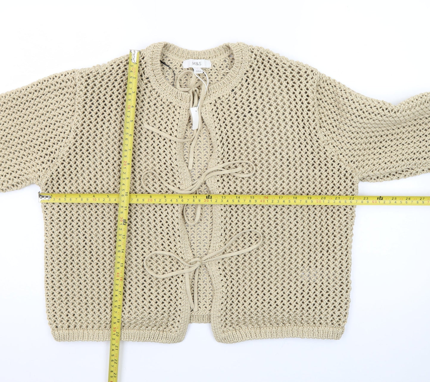 Marks and Spencer Women Beige Open-Knit Cotton Tie Cardigan L