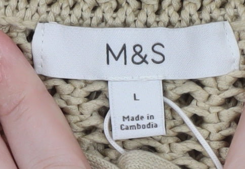Marks and Spencer Women Beige Open-Knit Cotton Tie Cardigan L
