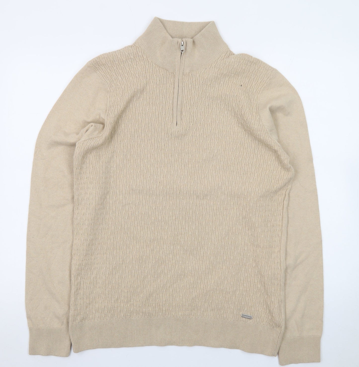 Threadbare Men's Beige 1/4 Zip Knit Jumper High Neck L