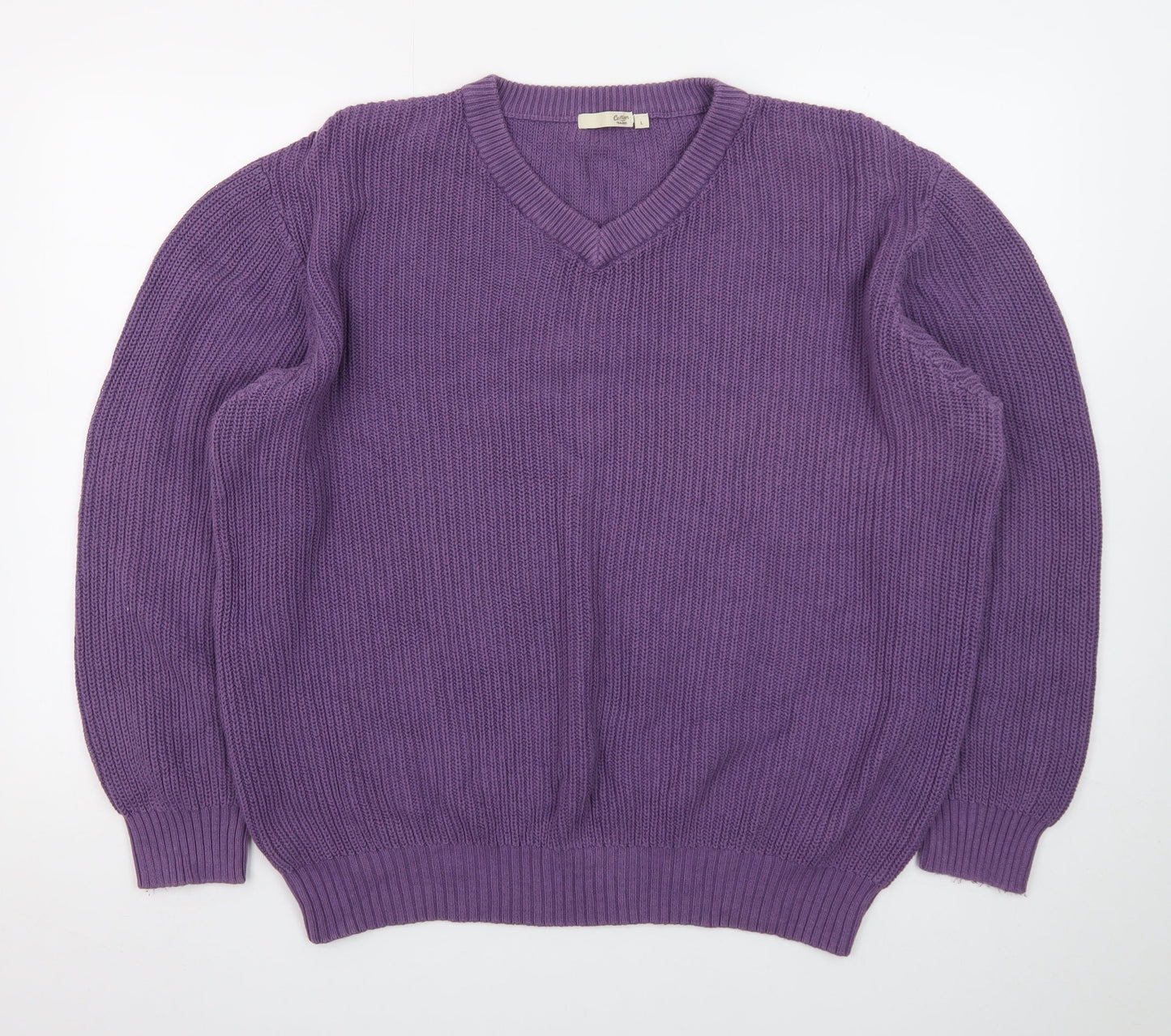 Cotton Traders Men's Purple V-Neck Cotton Knit Jumper Size L