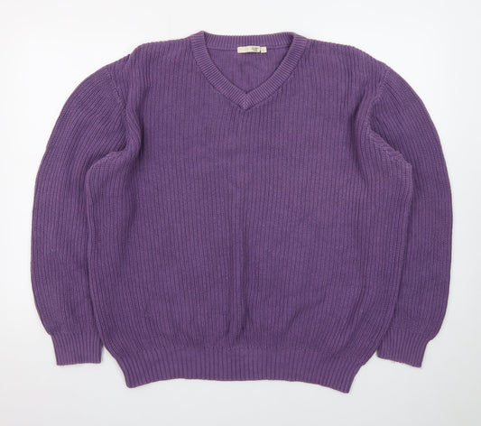 Cotton Traders Men's Purple V-Neck Cotton Knit Jumper Size L