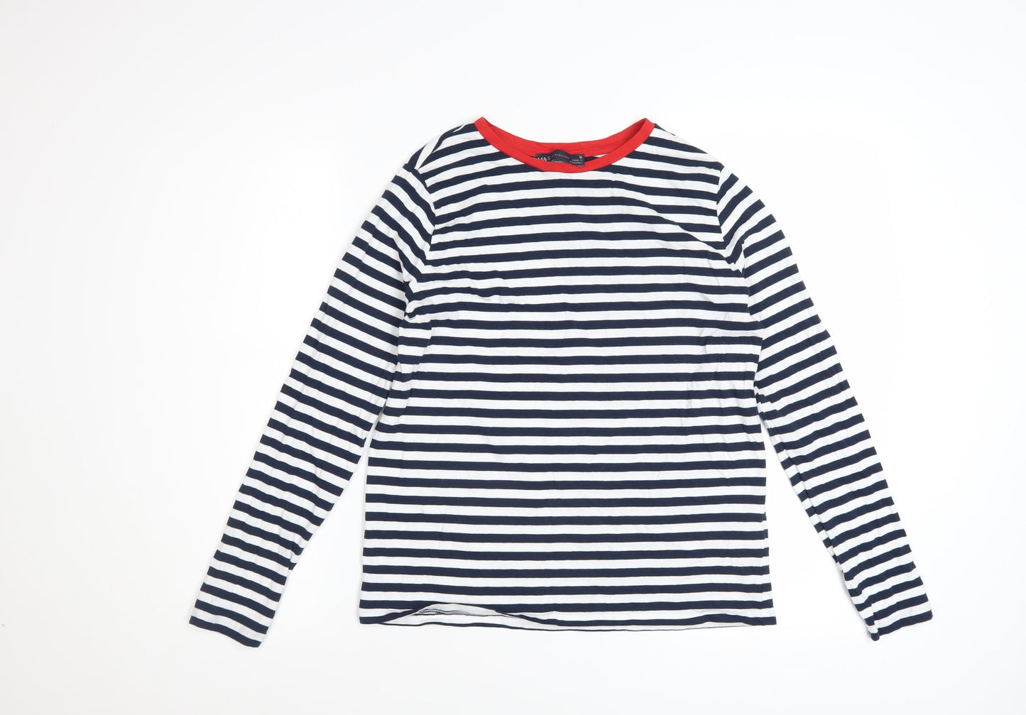 Marks & Spencer Womens Blue White Striped Long Sleeve Cotton T-Shirt UK 10