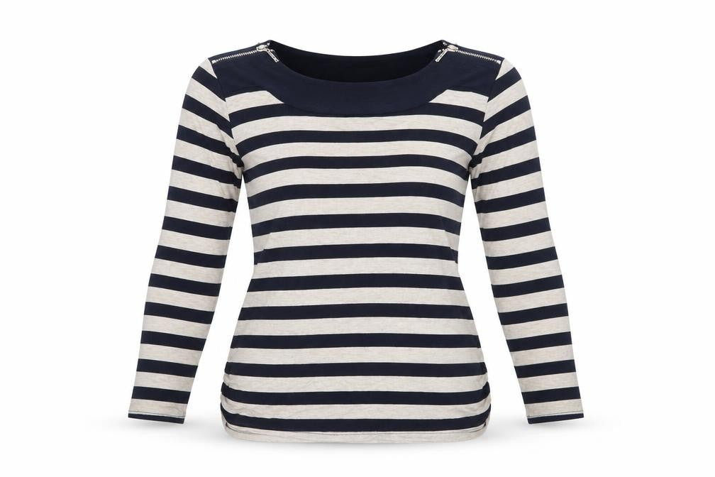 Front view of Principles by Ben de Lisi Women's Blue Beige Striped 3/4 Sleeve Boat Neck Top, size 10