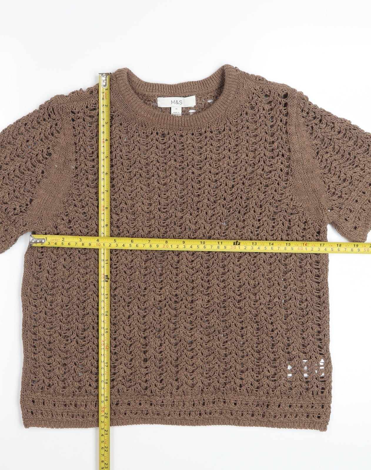 Marks and Spencer Women Brown Open-Knit Short Sleeve Cotton Jumper M