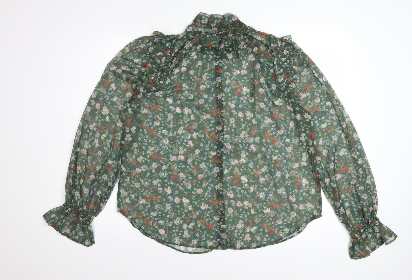 French Connection Women's Green Floral Ruffle Chiffon Blouse Size M