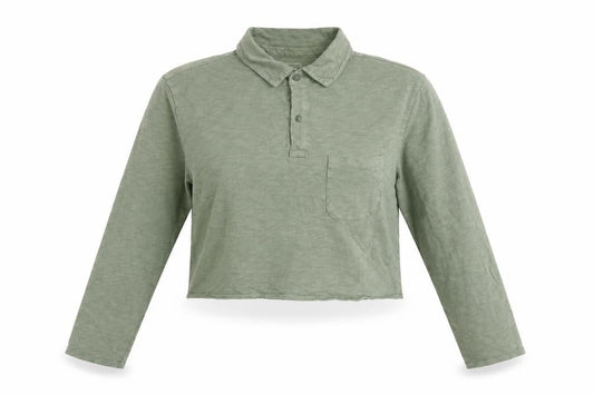 Gap Women Green Cropped Polo Shirt Long Sleeve Cotton M