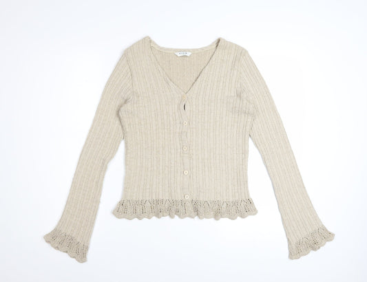 Vila Women Beige Ruffle V-Neck Knit Cardigan Size M