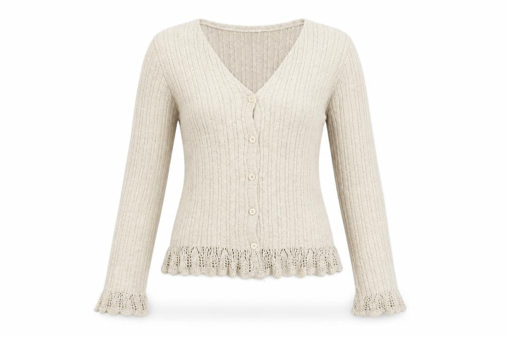 VILA Women Beige Ruffle V-Neck Knit Cardigan Size M