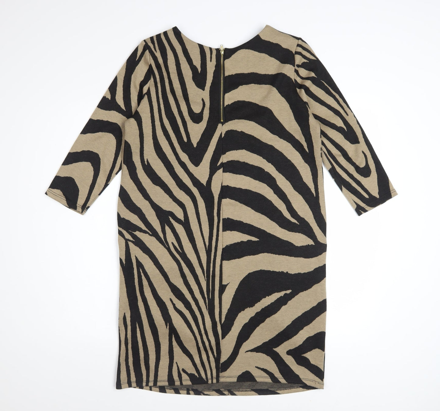 Wallis Women Brown Animal Print Shift Dress UK 12 3/4 Sleeve Zip Detail