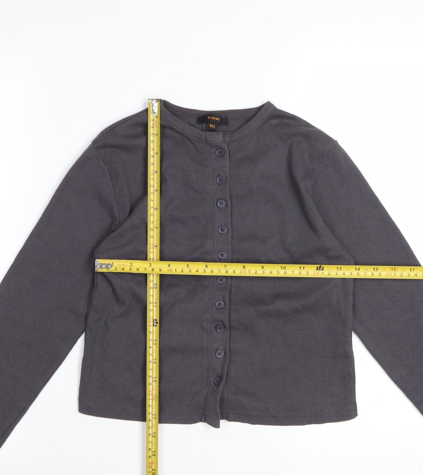 Rising Womens Grey Button-Up Long Sleeve Jersey Cotton Top Size M