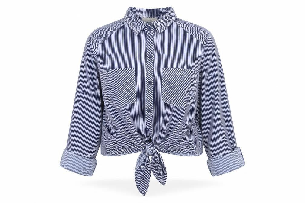 Passport Women Blue Striped Cropped Button-Up Shirt L